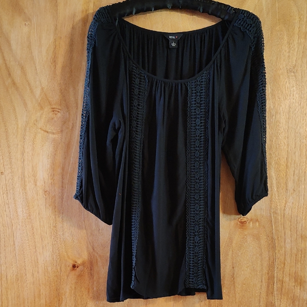 Intro.❤ Peasant Blouse Navy Blue Crochet Lace Detail Lantern Sleeve Boho Flowy L